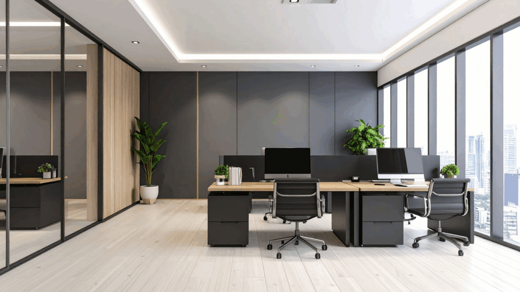 Modern sustainable office workstation setup with ergonomic furniture in a contemporary South African workspace