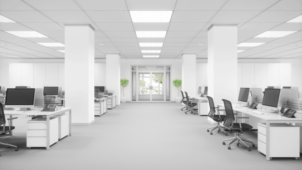Open office layout with ergonomic desks and chairs supporting productive workspace flow