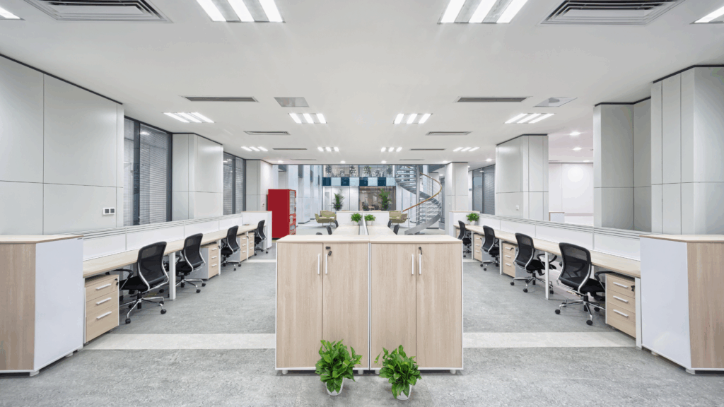 Scalable open-plan office workstations with shared desks and storage