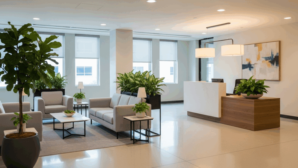 Professional reception lounge with modern seating and a custom wood-and-white reception desk.